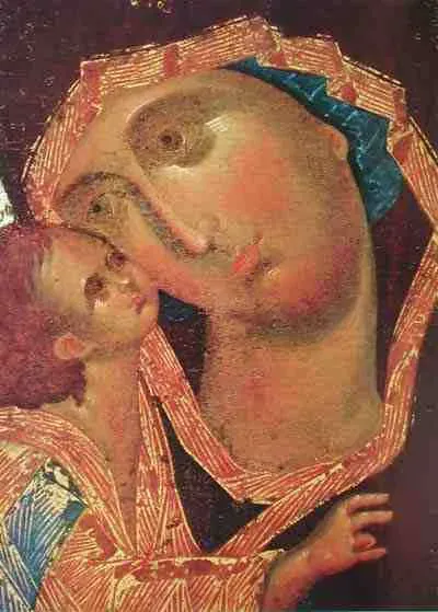 Фрагмент Донской иконы: лики Богородицы и Младенца Христа, прижавшегося к Ней щекой.