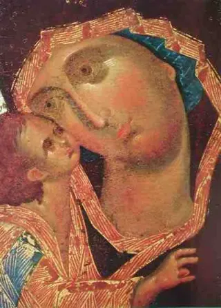 Фрагмент Донской иконы: лики Богородицы и Младенца Христа, прижавшегося к Ней щекой.